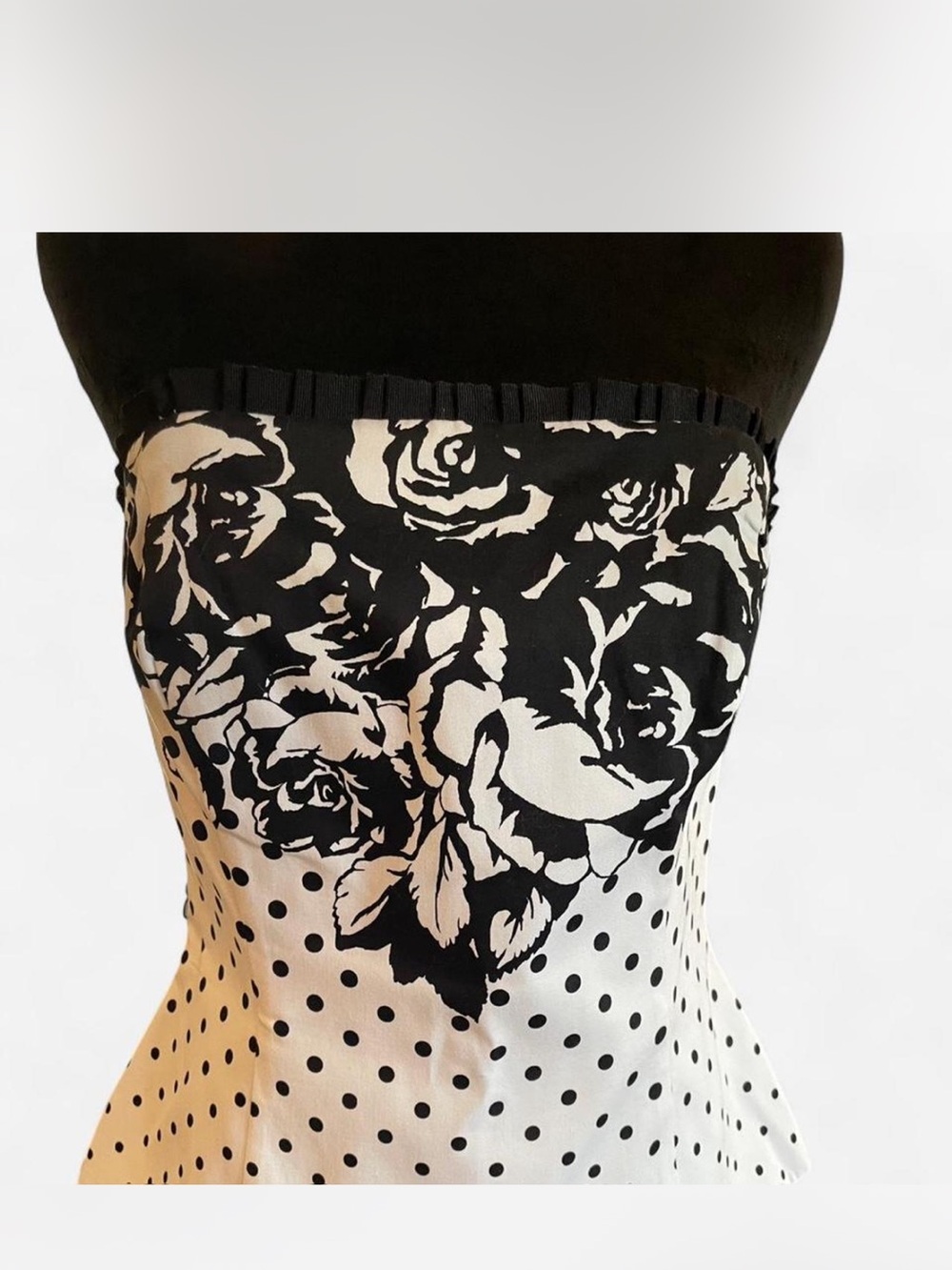 White House Black Market Black and White Strapless Floral & Polka Dot top